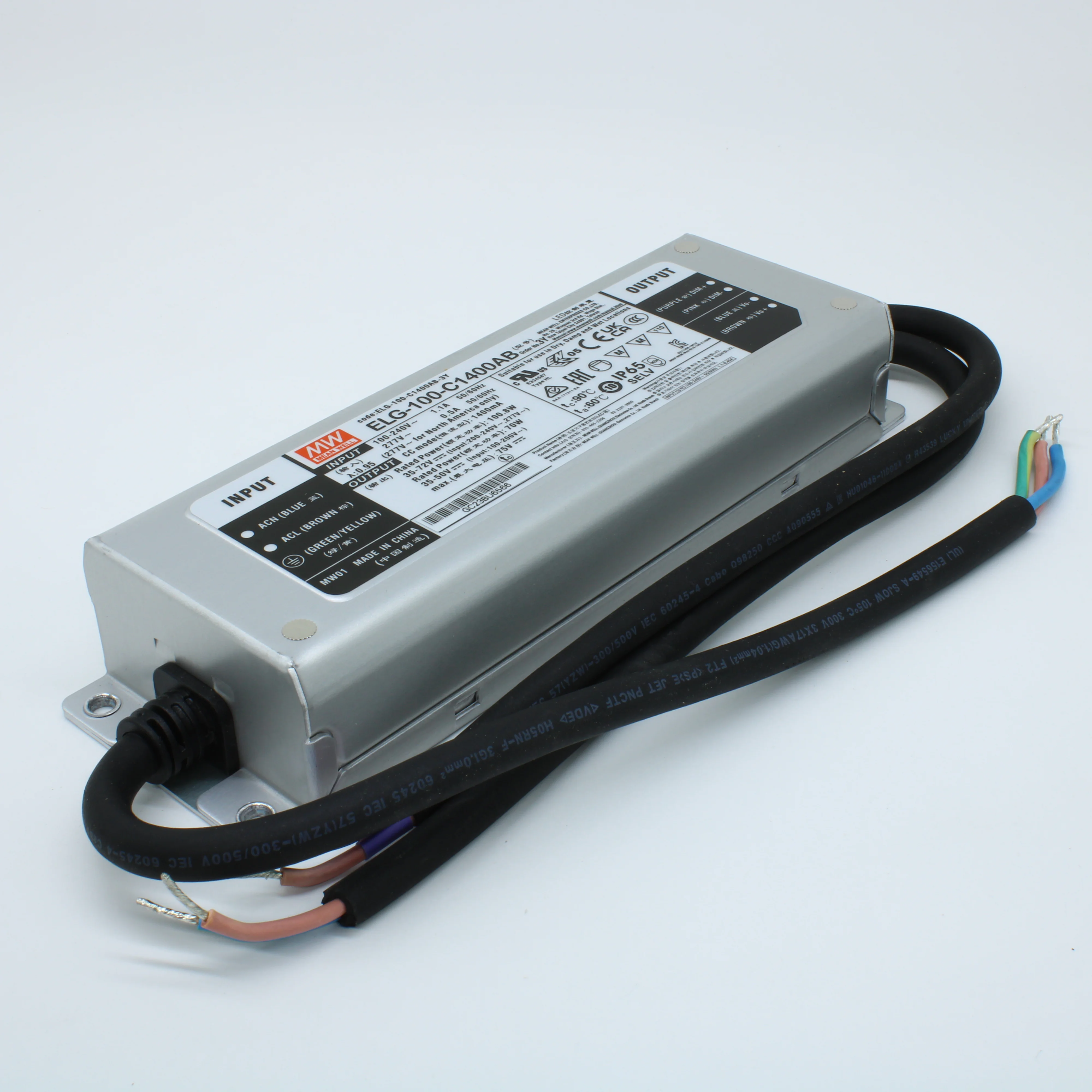 ELG-100-C1400AB-3Y - AC-DC, 100.8Вт, IP65, вход 100…305В AC, 47…63Гц/142…431В DC, ККМ, выход 35…72В/1400мА, рег. тока 50...100%, изоляция 3750В AC, в кожухе 199х63х35.5, -40…+70°С, димминг 3 в 1, с проводом заземления