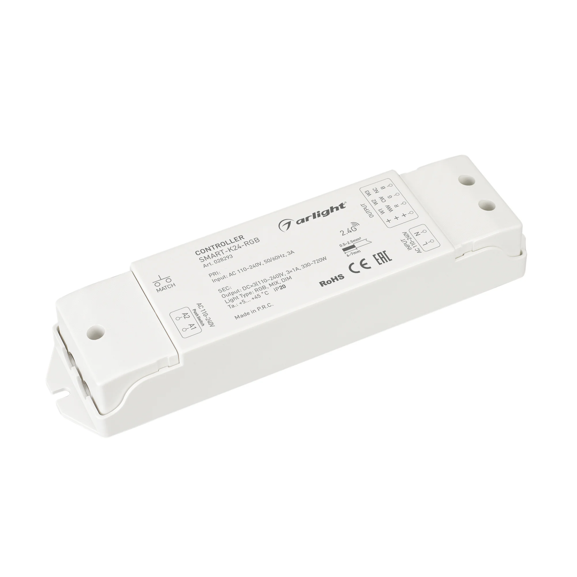 Контроллер SMART-K24-RGB (230V, 3x1A, 2.4G) 028293 - Контроллер для 230V светодиодной ленты (ШИМ). Питание/рабочее напряжение AC 110-240V, максимальный ток 1A на канал, 3 канала, максимальная мощность 330-720W. Винтовые клеммы. Корпус - PVC. Габариты 175х