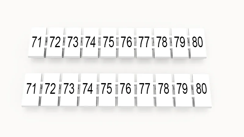 Марк.  полоска ZB6-10P-19-19Z(H) - Маркировочные шильдики для клемм WS…, DC…, PC…, сечением 4 мм кв., центральная, 10 шильдиков нанесенные символы: 71-80, с вертикальным расположением, размер шильдика: 5,55х10,7 мм, цвет белый