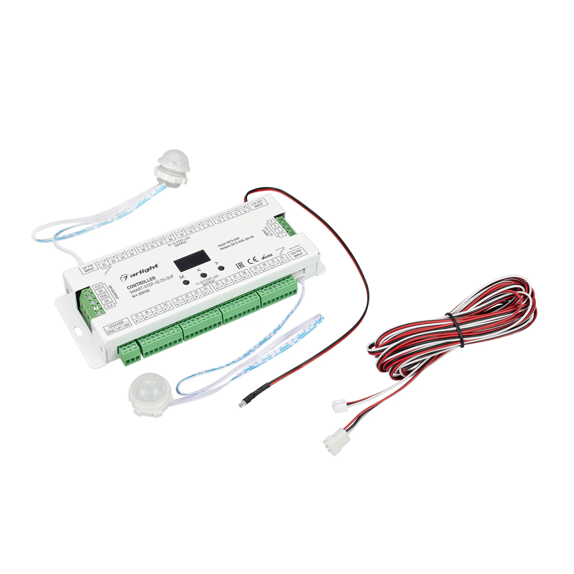 Контроллер лестничный SMART-STEP-32-2S-SUF (5-24V, 32x1A, SPI) 033122 - Контроллер для подсветки ступеней лестниц. Питание DC 5-24V, 32 выходных ШИМ канала для одноцветных лент, ток нагрузки 32х1А. Две группы цифровых выходов SPI (TTL) для SPI RGB ленты, 