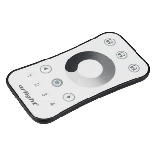 Пульт SMART-R10-DIM (4 зоны, 2.4G) 023033 - Кнопочный радиопульт с сенсорным кольцом 2.4 ГГц белого цвета для управления одноцветным (DIM) источником света. 4 зоны управления, управление яркостью с помощью сенсорного кольца. Питание 3VDC (CR2032). Габарит