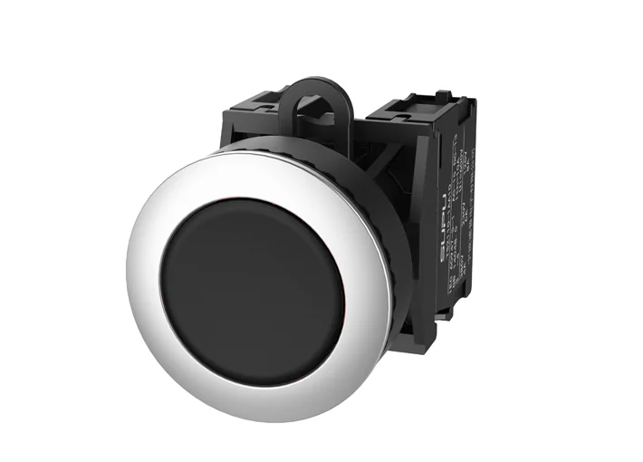 Кнопка плоская (черная) TS2520-0CM60-R20 - Кнопка круглая плоская, без блокировки, без подсветки, утопленное алюминиевое переднее кольцо, с плавным нажатием, с контактной группой 2NO, диаметр головки кнопки 36 мм, диаметр посадочного отверстия: 22 мм, цве