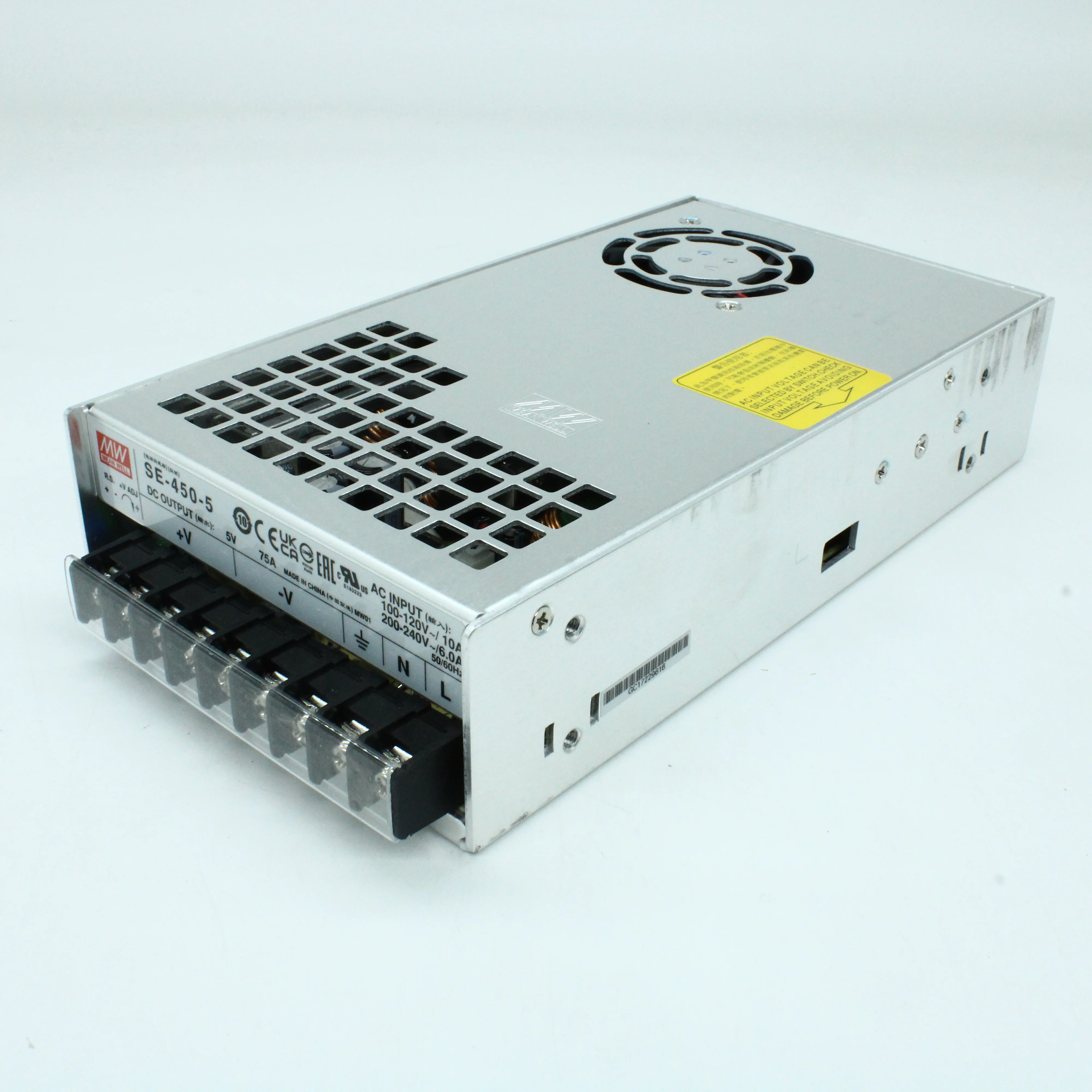 SE-450-5 - AC-DC, 375Вт, вход 180...264VAC, 47...63Гц / 254...370VDC, выход 5В/75A, рег. вых 4.5...5.5В, изоляция 3000В AC, в кожухе 225x124х50мм, -10…+60°С