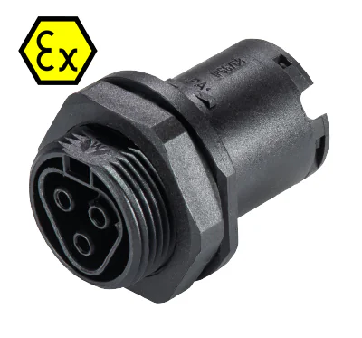 Разъем RST20I3FXB2 M01 SW - Взрывозащищенный розеточный разъем в панель, М25, IP68(69k), 3 полюса, пружинная фиксация провода, номинальные характеристики: 250/400V, 20A, цвет: черный, серия RST Ex