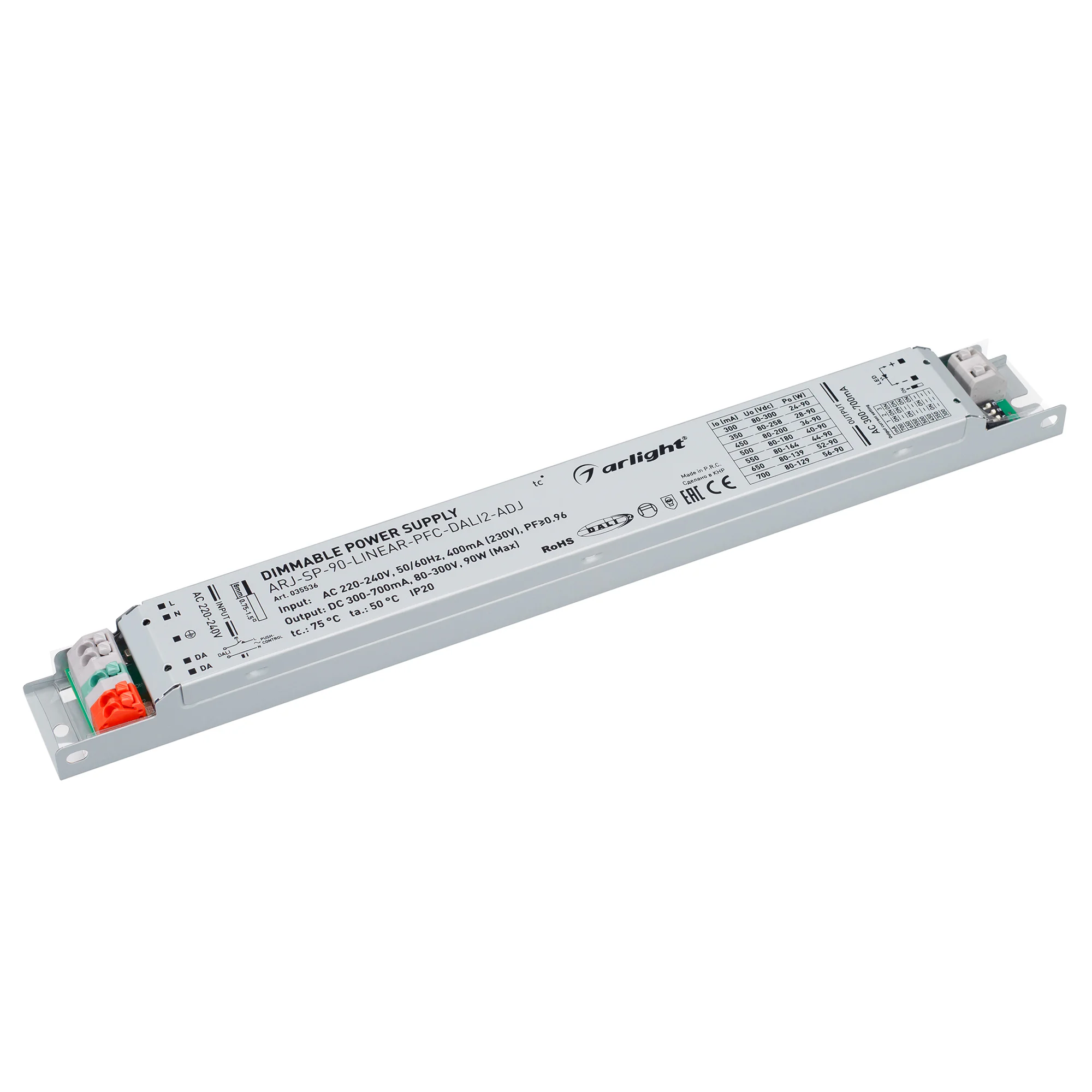 Блок питания ARJ-SP-90-LINEAR-PFC-DALI2-ADJ (90W, 80-300V, 0.3-0.7A) 035536 - Диммируемый источник тока без гальванической развязки с регулировкой для светильников и мощных светодиодов. Входное напряжение 220-240 VAC. Предназначены для питания групп свети