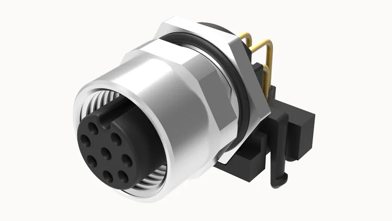 Розеточный разъем SR-M12A-04P-FF-SF7003 - Розеточный разъем для монтажа на печатную плату, 4 полюса, M12, гайка спереди, угол 90 град., фиксация провода пайкой, A-Code, 4A, 250V, M12*1.0, металл