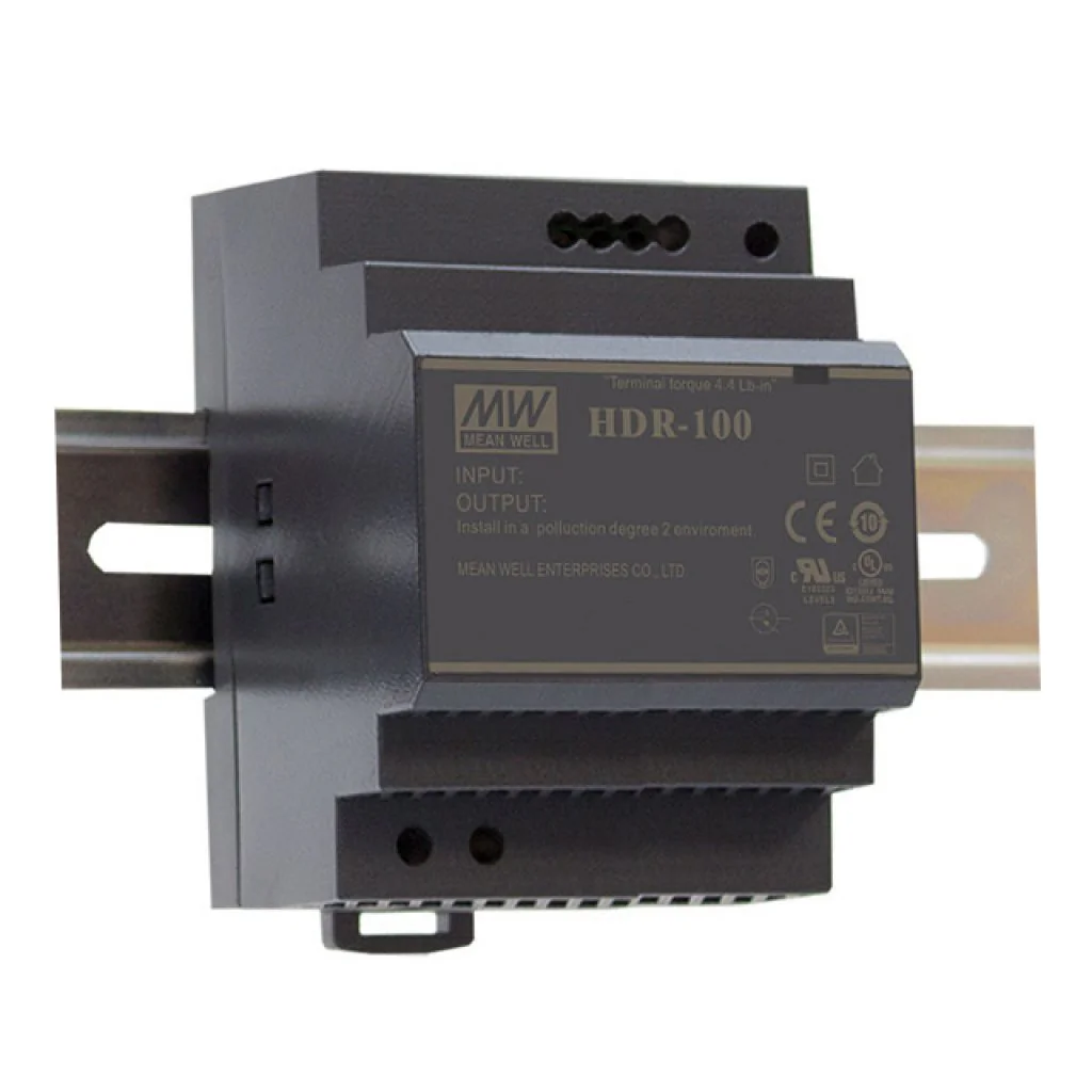 DR-100-12 - Преобразователь AC-DC на DIN-рейку  97.5Вт, выход 15В/6.5A, рег. вых 15-18В, вход 88…264В AC/124…370В DC, изоляция 3000В AC, в кожухе  100х93х56мм, -20…+60°С