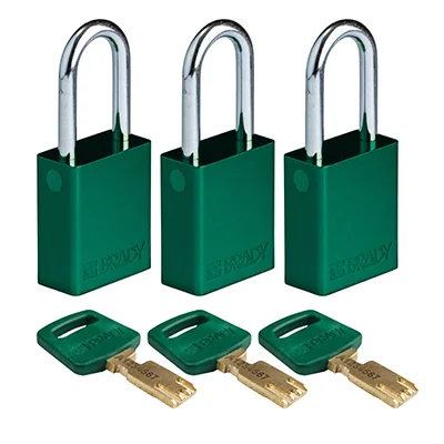 gws150281 - Замки SafeKey алюминиевые со стальной дужкой, высота дужки – 38 мм, диаметр дужки – 6.4 мм, алюминиевый корпус, размеры корпуса – 46х38х19 мм, система "Одинаковые ключи", цвет – зеленый, 3 шт/упак