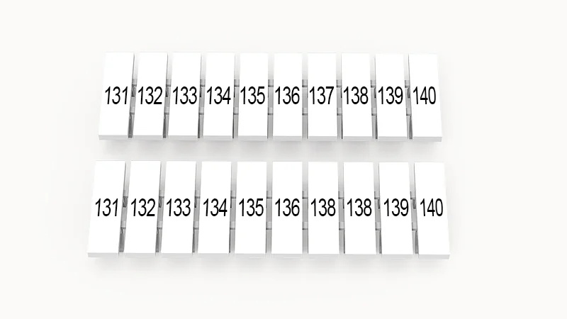 Марк.  полоска ZB3.5-10P-19-23Z(H) - Маркировочные шильдики для клемм DS…, сечением 1,5 мм кв., центральная, 10 шильдиков нанесенные символы: 131-140, с вертикальным расположением, размер шильдика: 2,95х10,7 мм, цвет белый