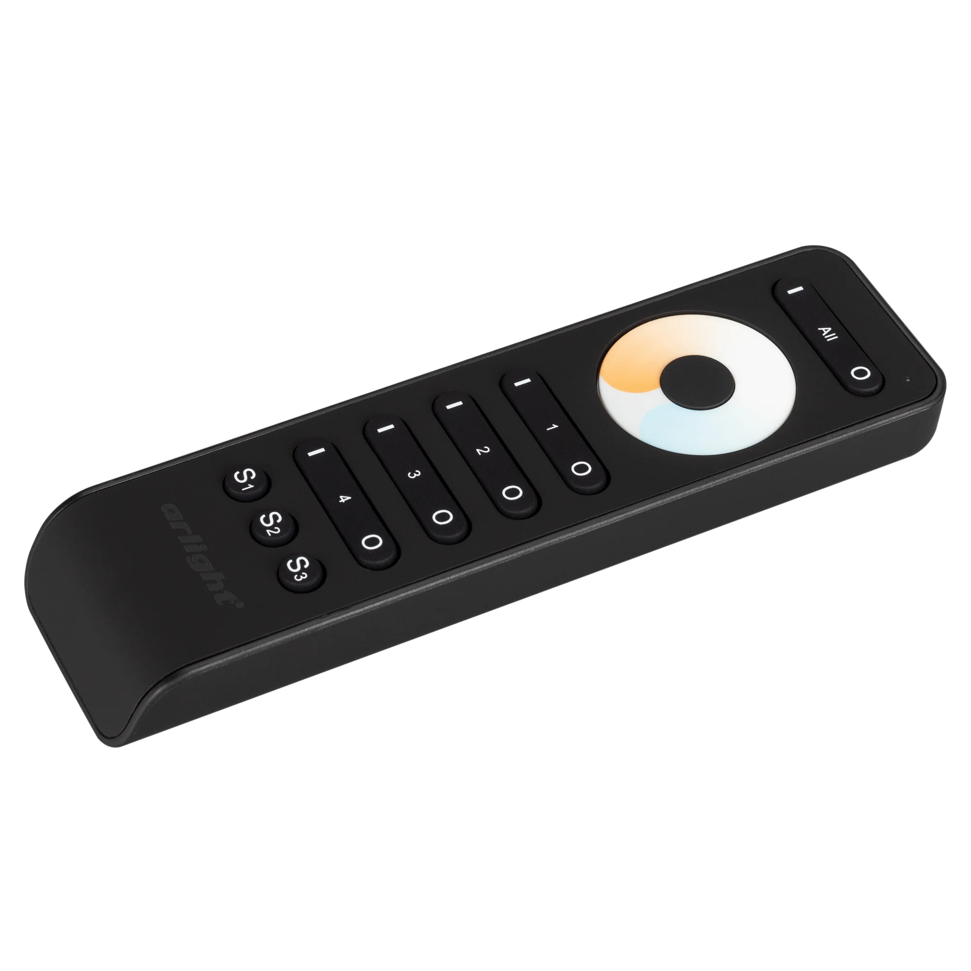 Пульт SMART-R33-MIX Black (4 зоны, 2.4G) 032942 - Кнопочный радиопульт с сенсорным кольцом 2.4 ГГц черного цвета для управления мультибелым (MIX) источником света. 4 зоны управления, 3 слота памяти пользовательских настроек, управление оттенком белого с п
