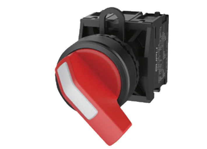Селекторный переключатель(красный)TS2510-1BD10-S20 - Переключатель, длинная ручка, 3-х позиционный, пружинный самовозврат из левого положения, без подсветки, пластиковое переднее кольцо, с мгновенным нажатием, с контактной группой 2NO, диаметр головки кно