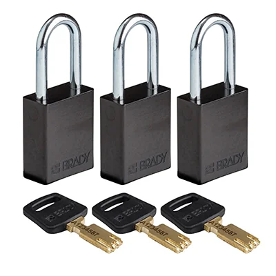 gws150349 - Замки SafeKey алюминиевые со стальной дужкой, высота дужки – 38 мм, диаметр дужки – 6.4 мм, алюминиевый корпус, размеры корпуса – 46х38х19 мм, система "Одинаковые ключи", цвет – черный, 3 шт/упак