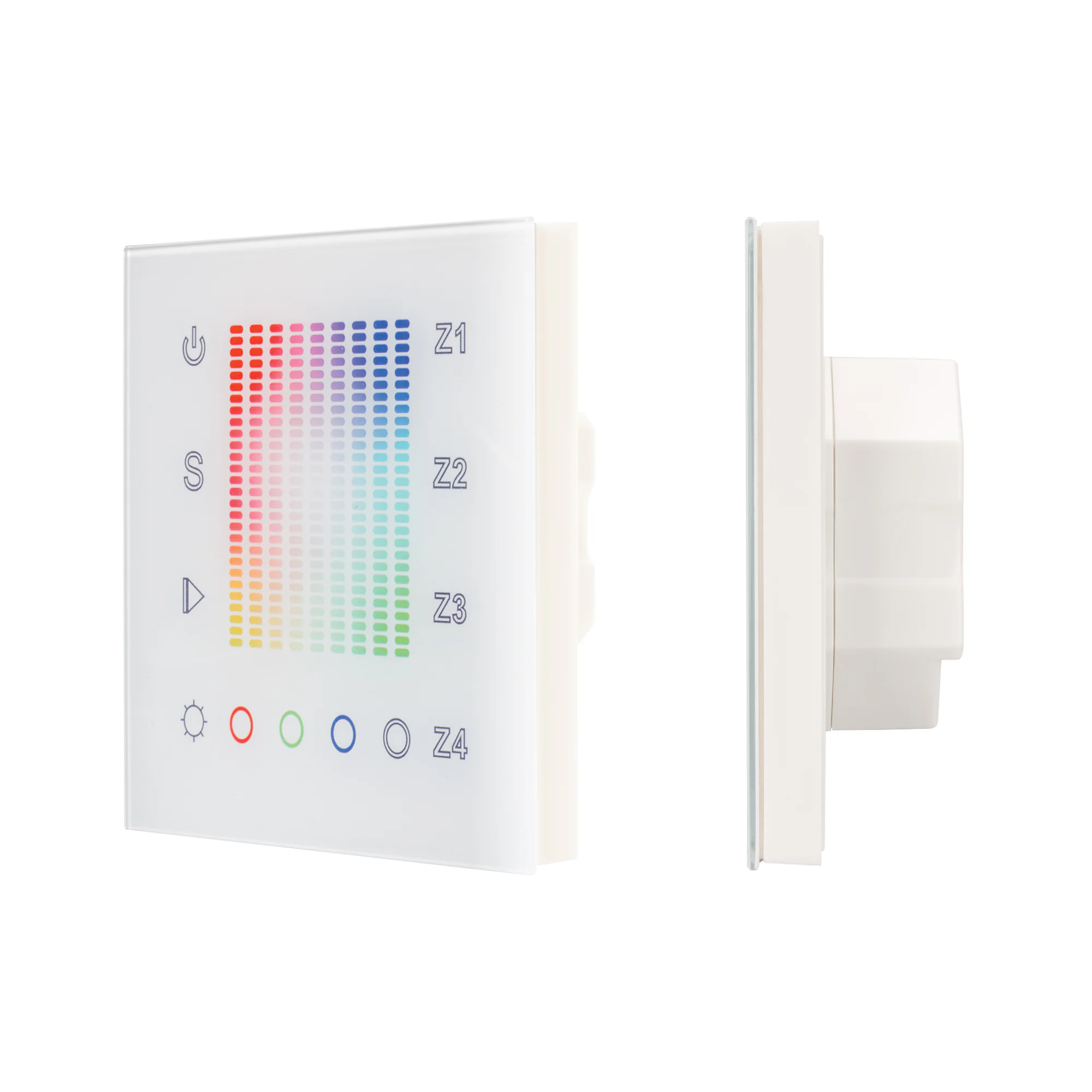 Панель Sens SR-2831AC-RF-IN White (220V,RGB,4зоны) 018202 - Встраиваемая стеклянная белая Touch-панель с уникальным сенсорным RGB-квадратом, раздельная регулировка каналов (4 канала - R,G,B,W), 4 зоны. Управление 4 зонами по радиоканалу контроллерами сери