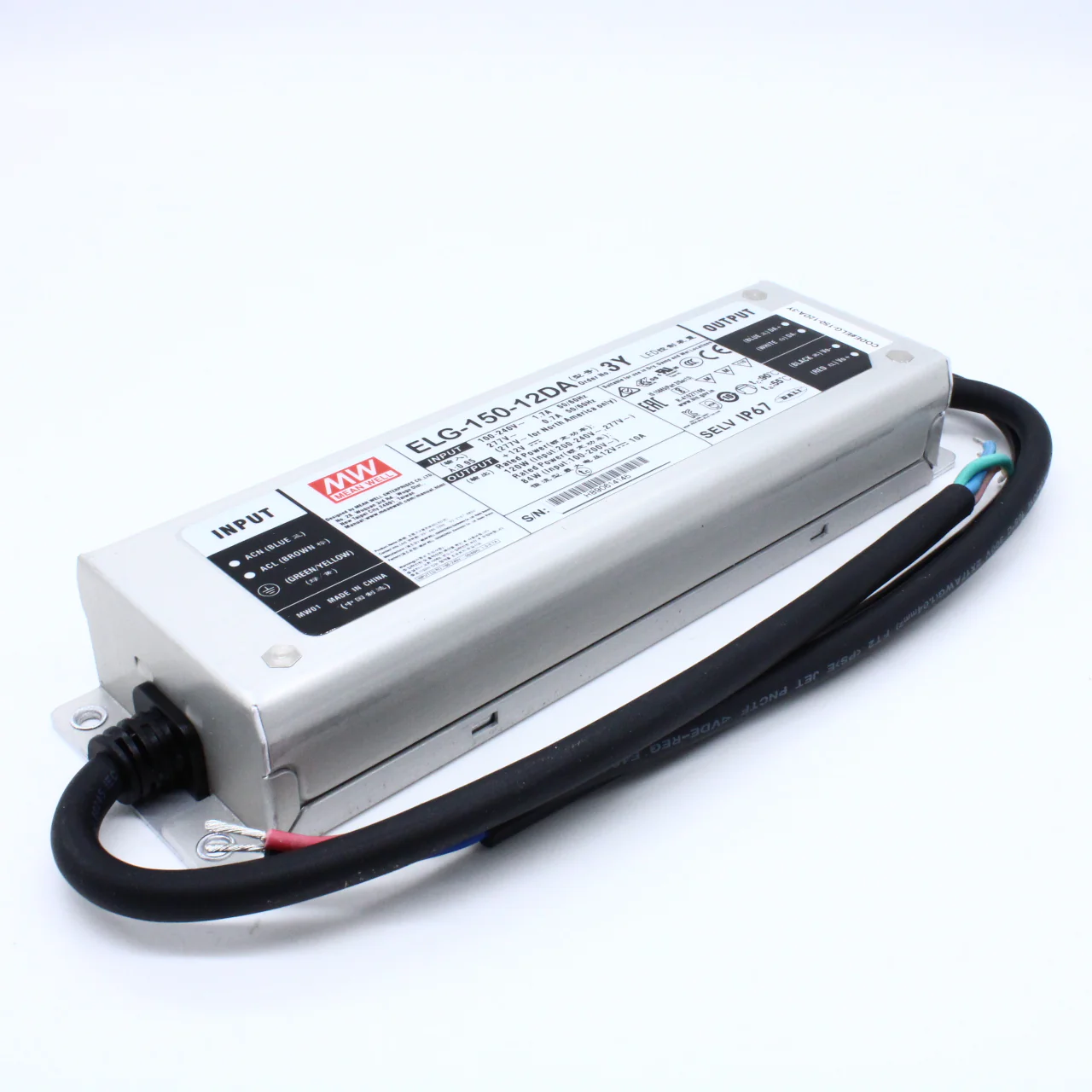 ELG-150-12DA-3Y - AC-DC, 150Вт, IP67, вход 100…305В AC, 47…63Гц/142…431В DC, ККМ, выход 6...12В/10А, изоляция 3750В AC, в кожухе 219х63х35,5мм, -40…+70°С, DALI, провод заземления
