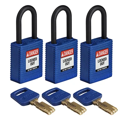 gws150268 - Замки SafeKey нейлоновые с пластиковой дужкой, высота дужки – 38 мм, диаметр дужки – 6.4 мм, нейлоновый корпус, размеры корпуса – 46х38х19 мм, система "Одинаковые ключи", цвет – синий, 3 шт/упак