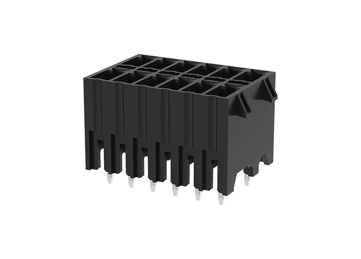 Вилочный разъем на плату MC-DPAN3.5V23-D-BK-2600 - Вилочный разъем, вертикальный, 2 этажа, на плату, шаг: 3.5 мм, 23x2 полюса, фиксация на плате пайкой, исполнение: с упорами для защелок, 160V, 8A, цвет: черный