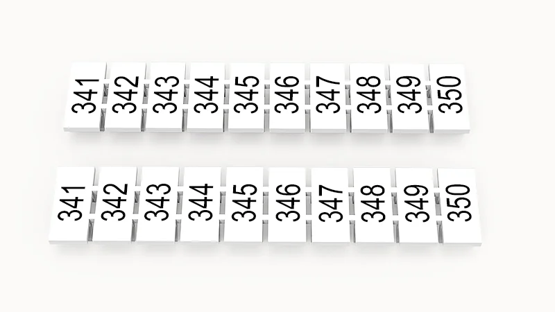 Марк.  полоска ZB5-10P-19-256Z(H) - Маркировочные шильдики для клемм WS…, DC…, PC…, сечением 2,5 мм кв., центральная, 10 шильдиков, нанесенные символы: 341-350 с горизонтальнымрасположением, размер шильдика: 4,55х10,7 мм, цвет белый