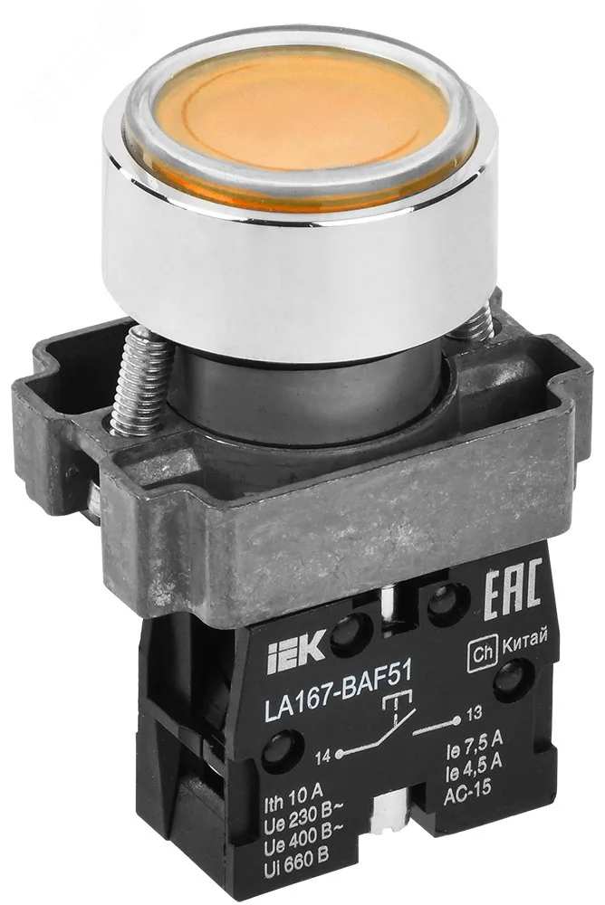 Кнопка LA167-BAF51 d=22мм 1з желтая BBT20-BAF51-1-22-67-K05