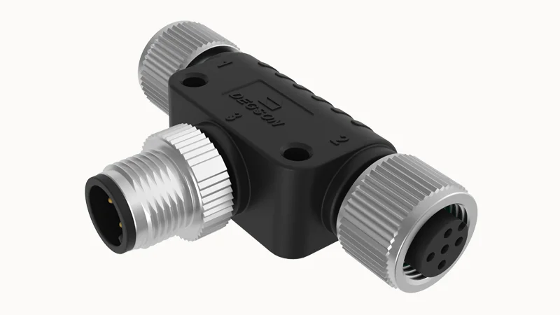 Распред. устройство FT-M12A-03M-M12A-03F-Q-0200 - Распределительное устройство, T-образное, 3 полюса, 1 вход (вилка) / 2 выхода (розетка), M12, A-Code, 4A, 250V, пластик