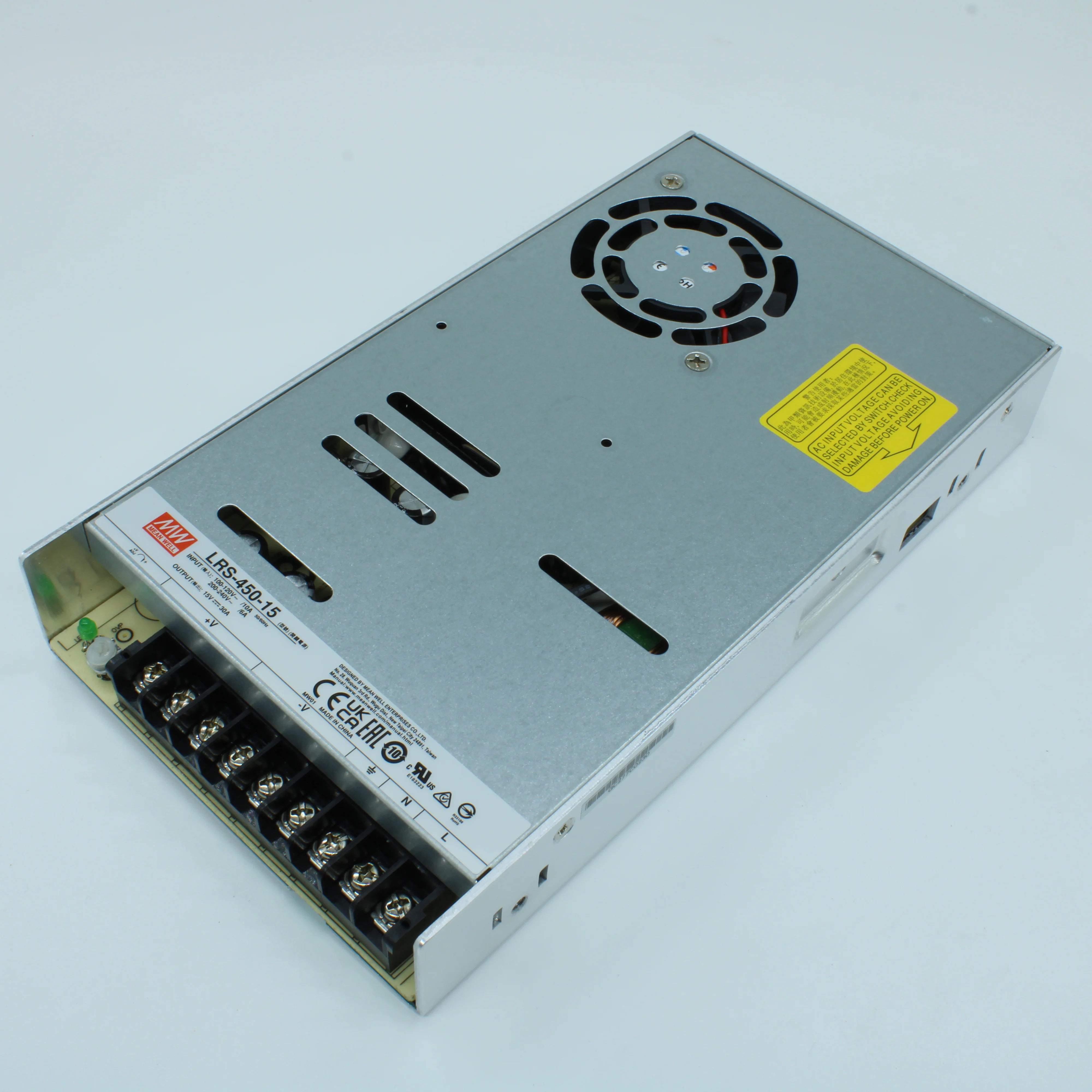 LRS-450-15 - AC-DC, 450Вт, вход 90…264В AC (переключатель), 47…63Гц, выход 15В/30A, рег.вых=14.25…16.5В, изоляция 3000В AC, в кожухе 225х124х35мм, -25…+70°С