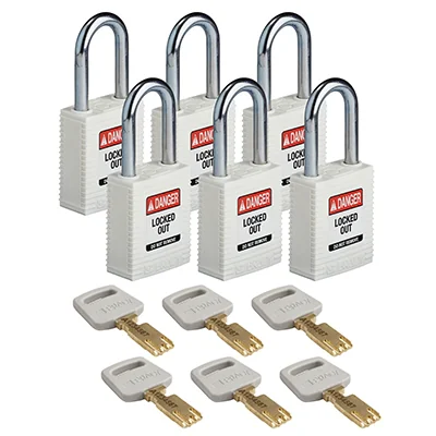 gws150292 - Замки SafeKey нейлоновые со стальной дужкой, высота дужки – 38 мм, диаметр дужки – 6.4 мм, нейлоновый корпус, размеры корпуса – 46х38х19 мм, цвет – белый, 6 шт/упак