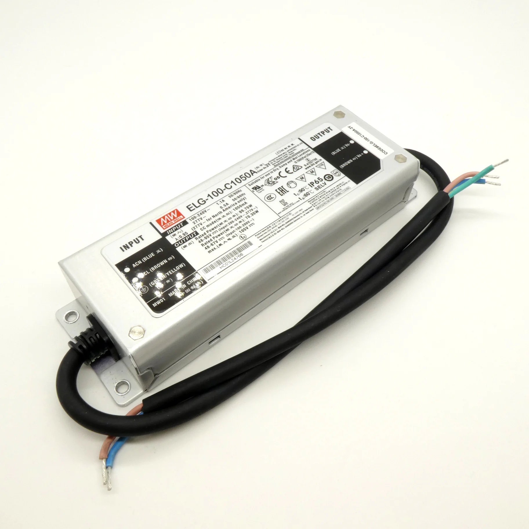 ELG-100-C1050A-3Y - AC-DC, 99.8Вт, IP65, вход 100…305В AC, 47…63Гц/142…431В DC, ККМ, выход 48…95В/1050мА, рег. тока 50...100%, изоляция 3750В AC, в кожухе 199х63х35.5, -40…+70°С, с проводом заземления